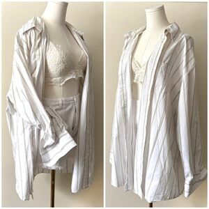 Vintage Oversized‎ White And Green Striped 100% Cotton Long Sleeve Button Up Top